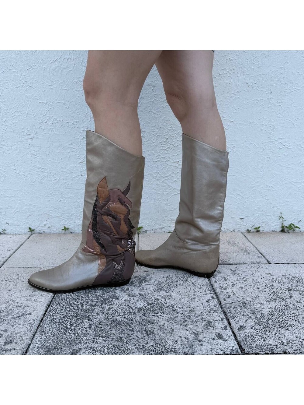 EQUIPE 3 Italian Leather Knee High Boots Horse Design Ivory Beige Size 9.5